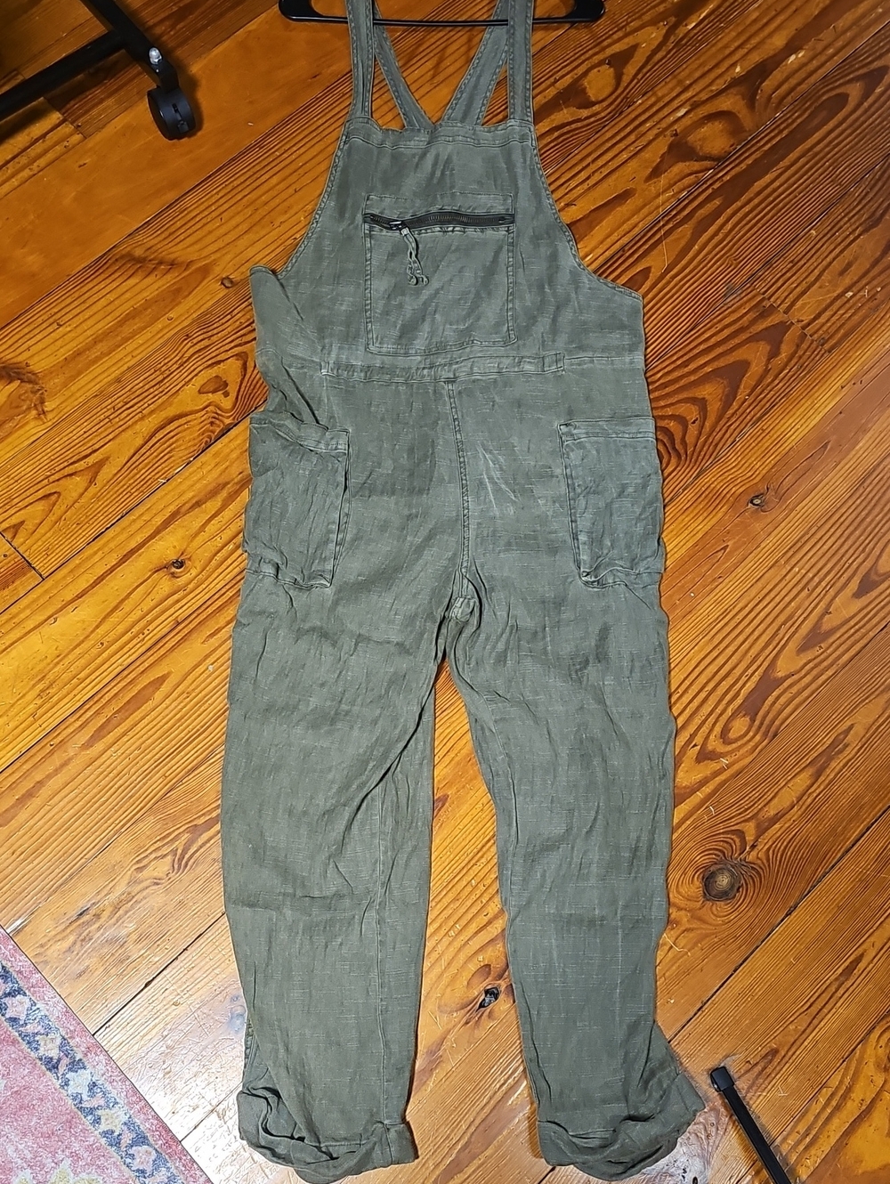 Free People Olive Green Linen-Blend Overalls Jumpsuit